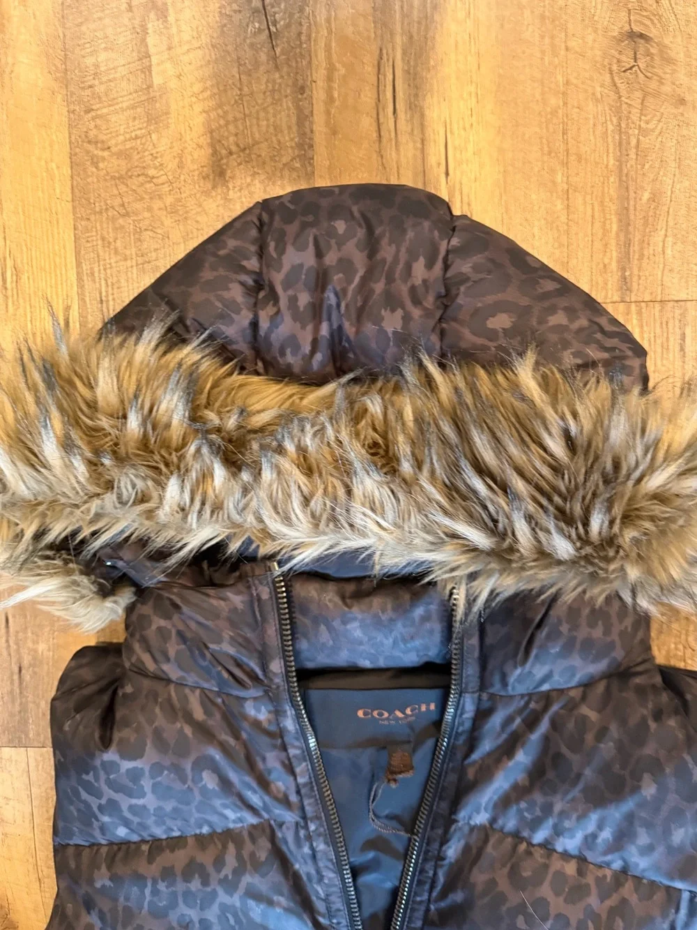 Coach Leopard Brown Quilted Vest with Faux Fur  Hood Large